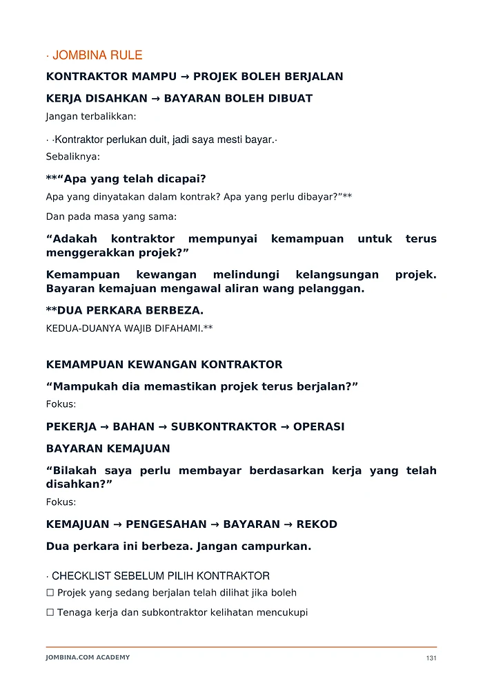 Contoh muka surat 131: Checklist kontraktor
